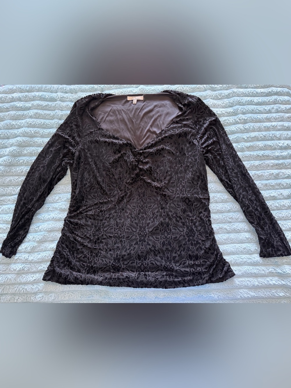 Le Serein Black Velvet Burnout Mesh Top Women’s 3X Sheer Sleeve Ruched V-Neck